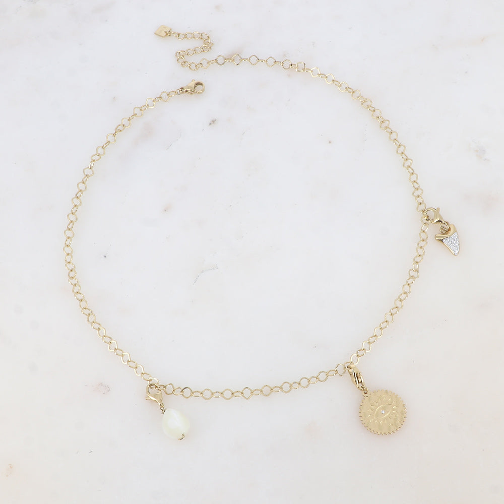 Collier 3 pendentifs, corne, goutte en pierre naturelle et soleil (Ayane, Ruben, Freja)