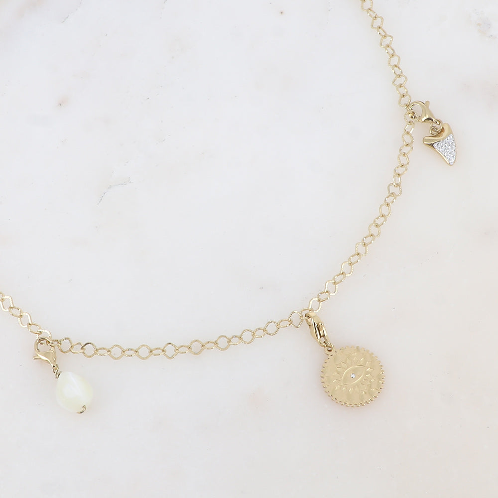 Collier 3 pendentifs, corne, goutte en pierre naturelle et soleil (Ayane, Ruben, Freja)